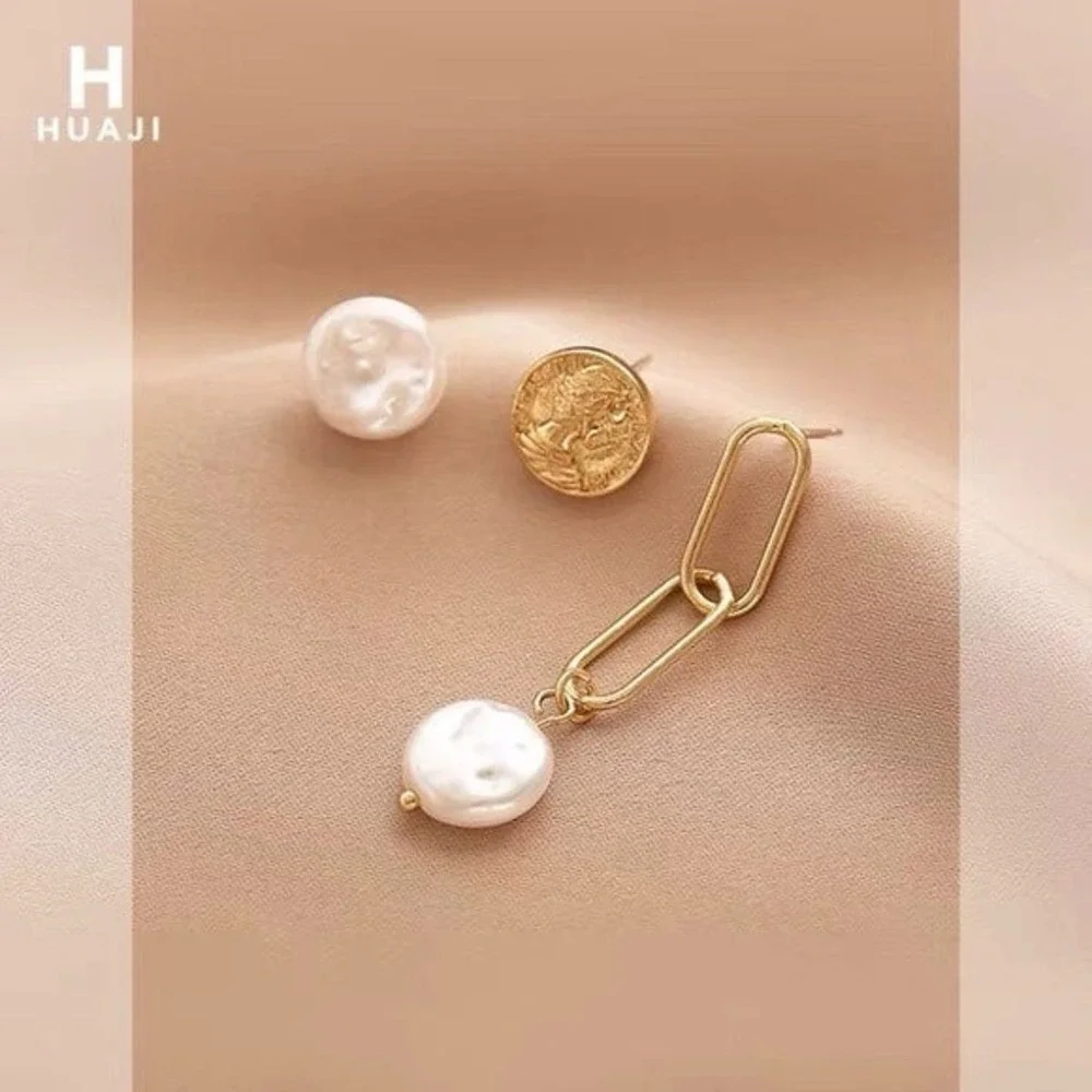 Asymmetric Real Pearl Trio Earrings Set – Unique Drop & Stud Combo Geometric New